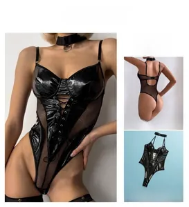 Detailed close-up of lace-up faux leather bodysuit with mesh panels and choker
