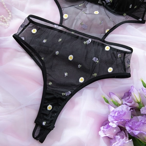 Detaillierte Stickerei mit Gänseblümchen und Lavendel auf schwarzem transparentem Body