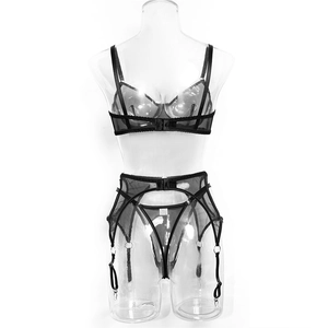 Rear view detail of black mesh lingerie set with garter belt and adjustable straps