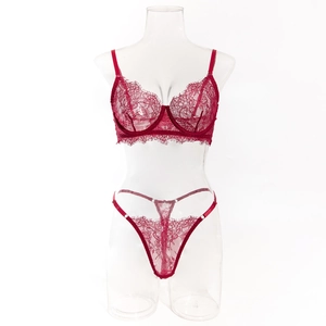 Détail de la broderie en dentelle florale exquise sur le soutien-gorge rouge vin et le string