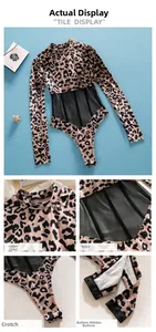 Detail shots of leopard print bodysuit featuring mesh waist inserts and snap button closures