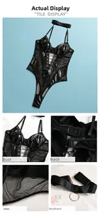Detail views of mesh patchwork faux leather bodysuit featuring lace-up hollow and choker