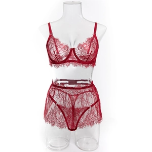 Detail of wine red lace lingerie set with eyelash trim and underwired bra cups