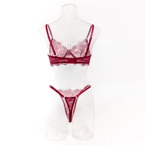 Vue détaillée de l'ensemble de lingerie en dentelle florale rouge foncé avec armatures