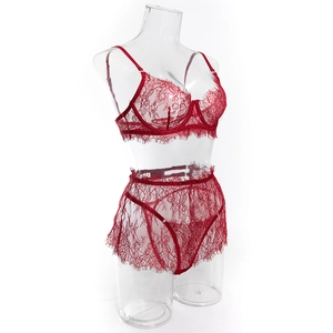 Macro detail of red floral lace bra set featuring delicate eyelash trimming and underwire support
