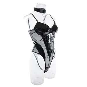 Detail of black faux leather bodysuit with mesh splicing and criss-cross front lace-up