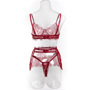 Detail of dark red lace lingerie set with sheer floral patterns and garter belt