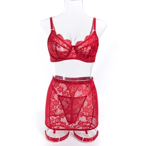 Detail eines roten Blumen-Spitzen-Lingerie-Sets mit Bügel-BH und passendem Strapsrock
