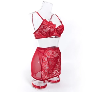 Detailansicht eines roten Spitzen-Lingerie-Sets mit Bügel-BH und Strapsgürtel