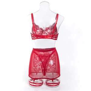 Rückansicht von rotem Spitzenunterwäsche-Set mit Strumpfhalterrock am Mannequin