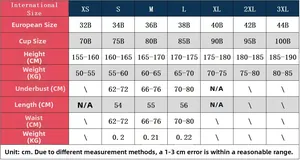 Detailed size chart for sexy mesh bodysuit including XS-3XL and international cup sizes