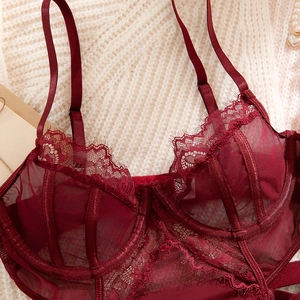 Detailed close-up of wine red lace mesh bodysuit with underwire cups and floral edges