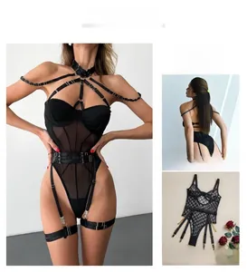 Front and back view of black mesh bodysuit with neck strap and cross bandages