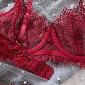 Macro detail of wine red eyelash lace lingerie showing three-row back hooks and straps