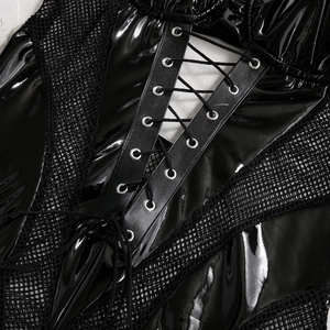 Detail of black faux leather bodysuit featuring mesh panels and lace-up corset design