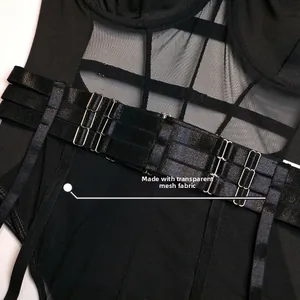 Detail of black transparent mesh fabric with elastic straps and metal buckles on bodysuit