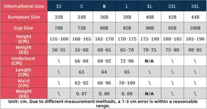 Detailed size chart for striped bodysuit including European and cup size dimensions