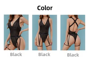 Detailed front, side and back view of black striped sheer bodysuit with garters