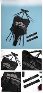 Detail view of black mesh bodysuit with metal buckles and matching leg bands for women