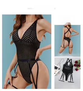 Detail of black striped sheer bodysuit with cross back straps and garter attachments