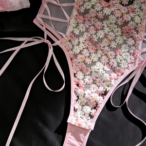 Detail of pink floral embroidery and lace mesh fabric on a sexy pastoral bodysuit