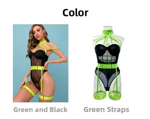 Detail of neon green and black mesh teddy with harness straps and leg garters