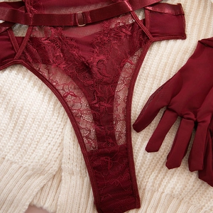 Detail of wine red floral lace thong and sheer mesh gloves on a soft white background