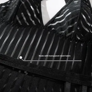Detail of transparent mesh stitching fabric with striped texture on black bodysuit