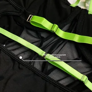 Detail of transparent mesh fabric and fluorescent green adjustable straps on body suit