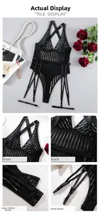 Detail view of black striped mesh bodysuit featuring bust, back, snaps and garter straps