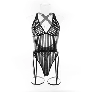 Detailed close-up of striped bodysuit featuring adjustable garter straps and sheer fabric