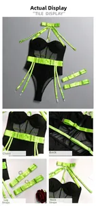 Detail view of neon green lace-up straps and transparent mesh on this sexy bodysuit set