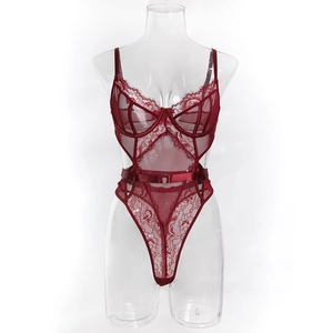 Close-up of wine red lace bodysuit featuring floral mesh fabric and underwire cups