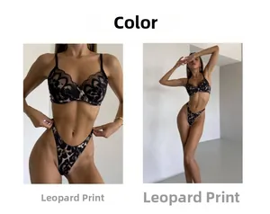 Close-up and full view of leopard print lace bra and high-cut thong lingerie set