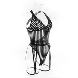 Detailed view of striped sheer mesh bodysuit with suspenders on translucent mannequin