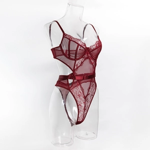 Close-up of wine red lace teddy bodysuit featuring mesh panels and metal ring details