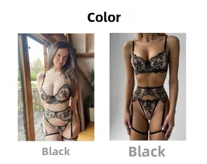Detailed comparison of black lace embroidery lingerie set with floral patterns