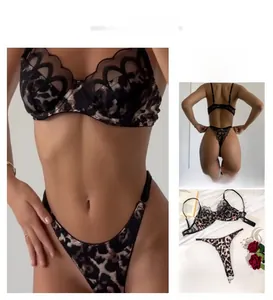 Detailed view of leopard print lace bra set with thong shown from multiple angles