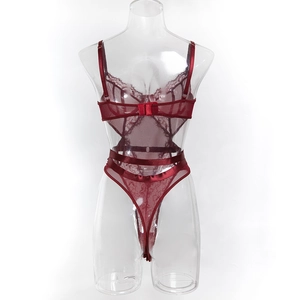 Detailed back view of burgundy lace bodysuit with mesh panels and adjustable straps