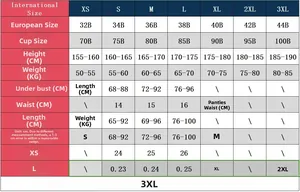 Tableau des tailles détaillé pour body punk avec chaînes, tailles EU et mesures précises