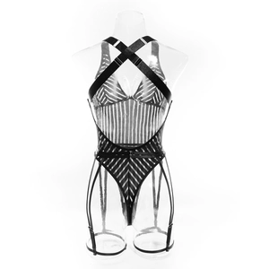 Detail of black striped bodysuit featuring X-shaped straps and attached garters