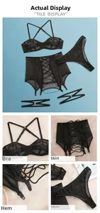 Detailed views of black mesh bodysuit set featuring sheer fabric and metal buckle hardware