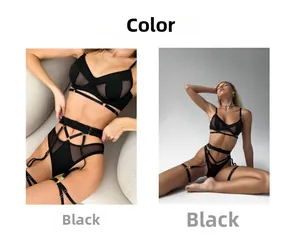 Vue détaillée de l'ensemble de lingerie trois pièces sexy en maille noire avec jarretière