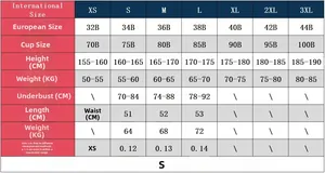 Detailed size chart for cutout heart bodysuit showing measurements from XS up to 3XL