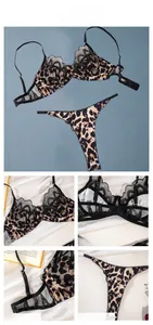 Detail view of leopard print lingerie set with black lace trim and steel underwire cups