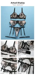 Detail shots of three-piece lace lingerie set with black floral embroidery and garter belt