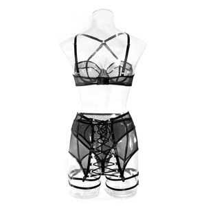 Detail of black sheer mesh bodysuit with underwire cups and cross neck halter design