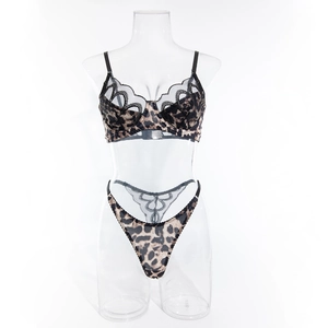 Detail of leopard print lace bra and high-cut thong set on a professional mannequin
