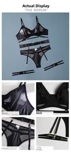 Détails d'un ensemble de lingerie noire quatre pièces avec mesh et porte-jarretelles