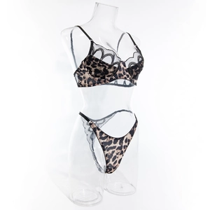 Detail of leopard print bra and thong set with black lace trim on a transparent model